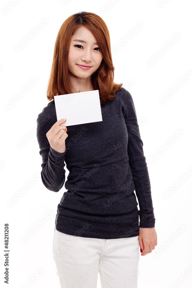 Asian woman showing empty card isolated on white background. Asian woman showing empty card isolated on white background.