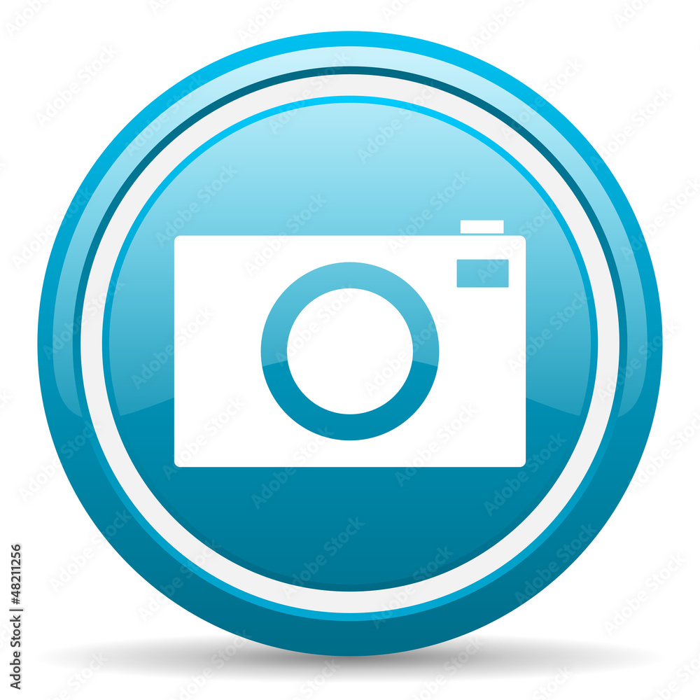 camera blue glossy icon on white background