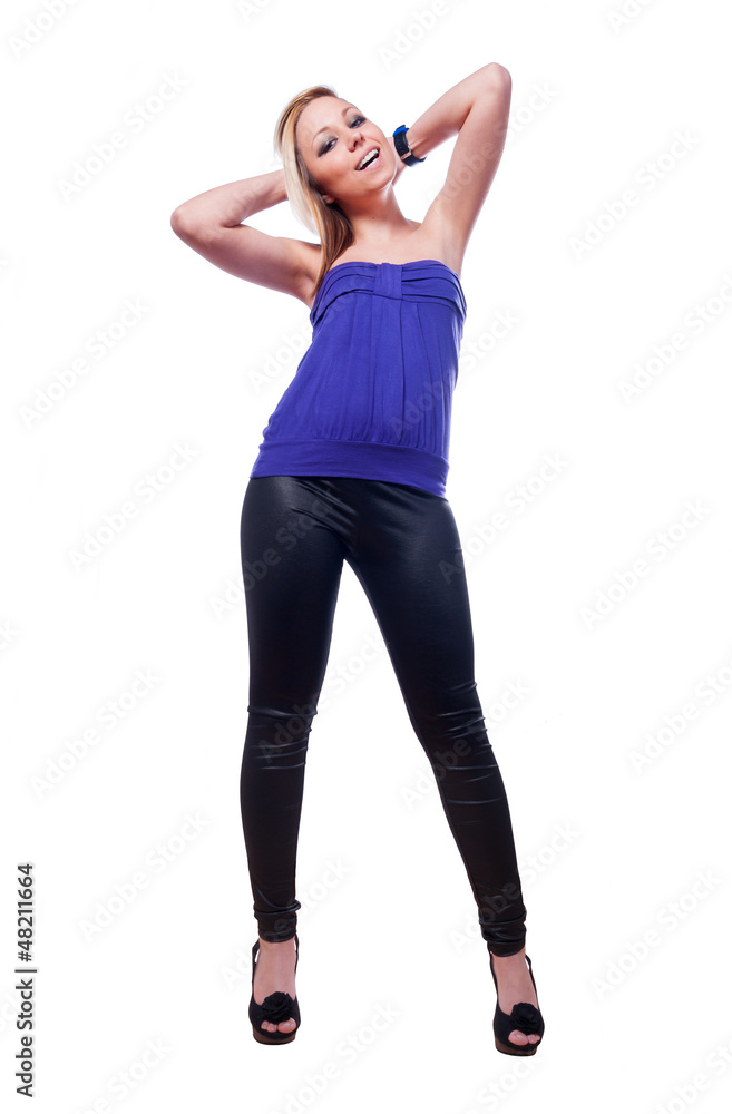 Beautiful smiling sexy girl in high heels and leather trousers Beautiful smiling sexy girl in high heels and leather trousers
