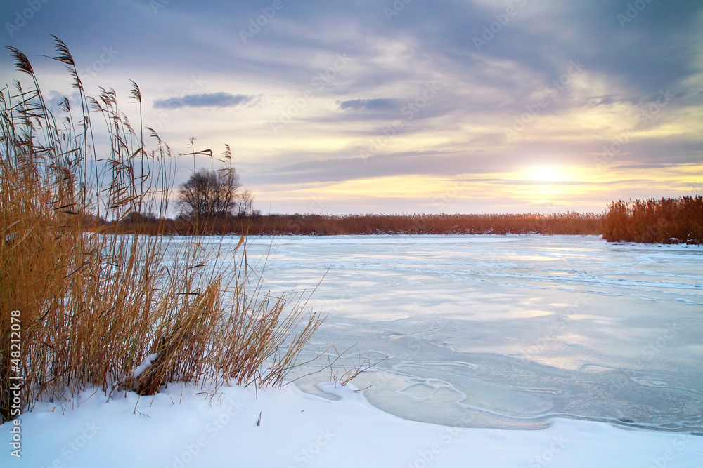 Winter landscape with sun and frozen river. - obrazy, fototapety, plakaty 