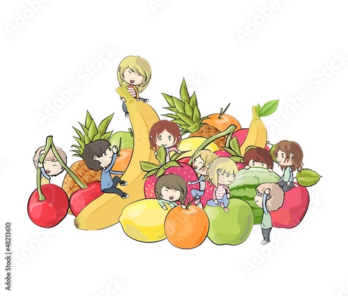 Children playing around fruits. Vector design. 