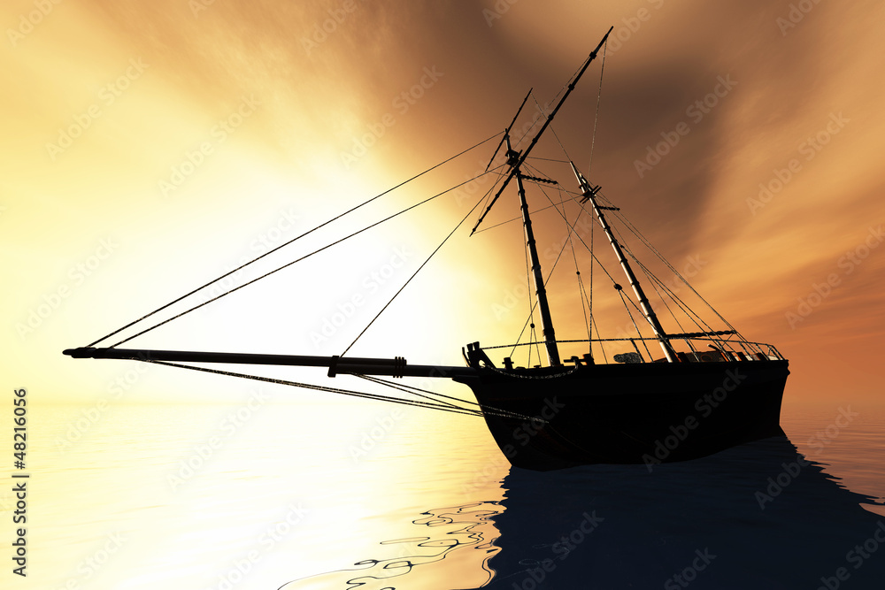 Cutter in the Sea in the Sunset Sunrise 3D render