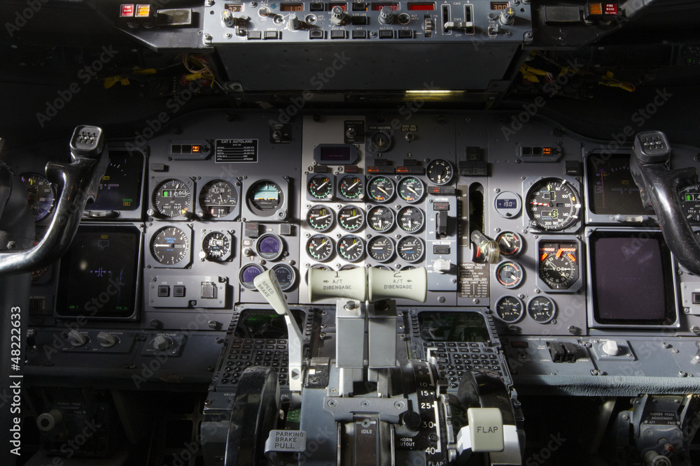 Center console and throttles in the airplane. Center console and throttles in the airplane.