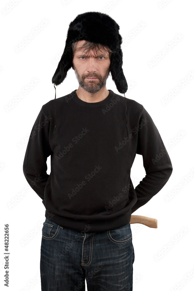 man in hat ear flaps holding axe man in hat ear flaps holding axe