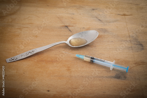 Bild auf Leinwand Drugs addict means for preparation heroin