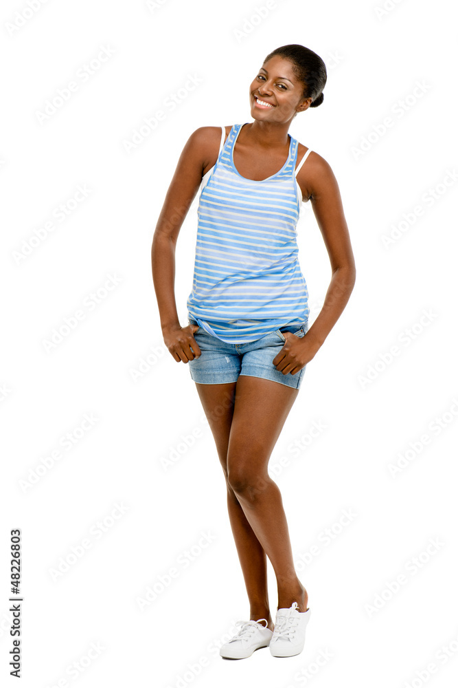 Beautiful African American woman happy isolated on white backgro Beautiful African American woman happy isolated on white backgro