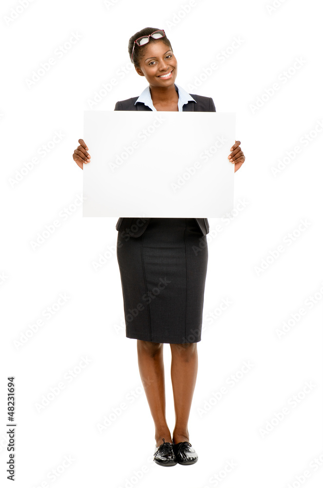 Happy African American business woman holding banner isolated on Happy African American business woman holding banner isolated on