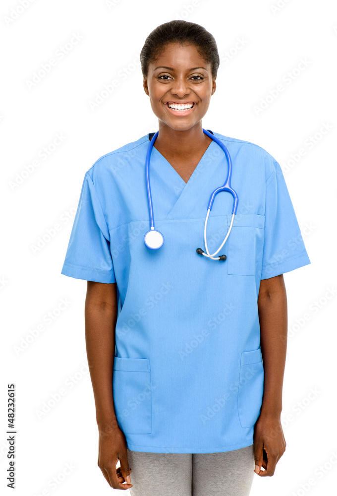 Happy Black African American female nurse white background Happy Black African American female nurse white background