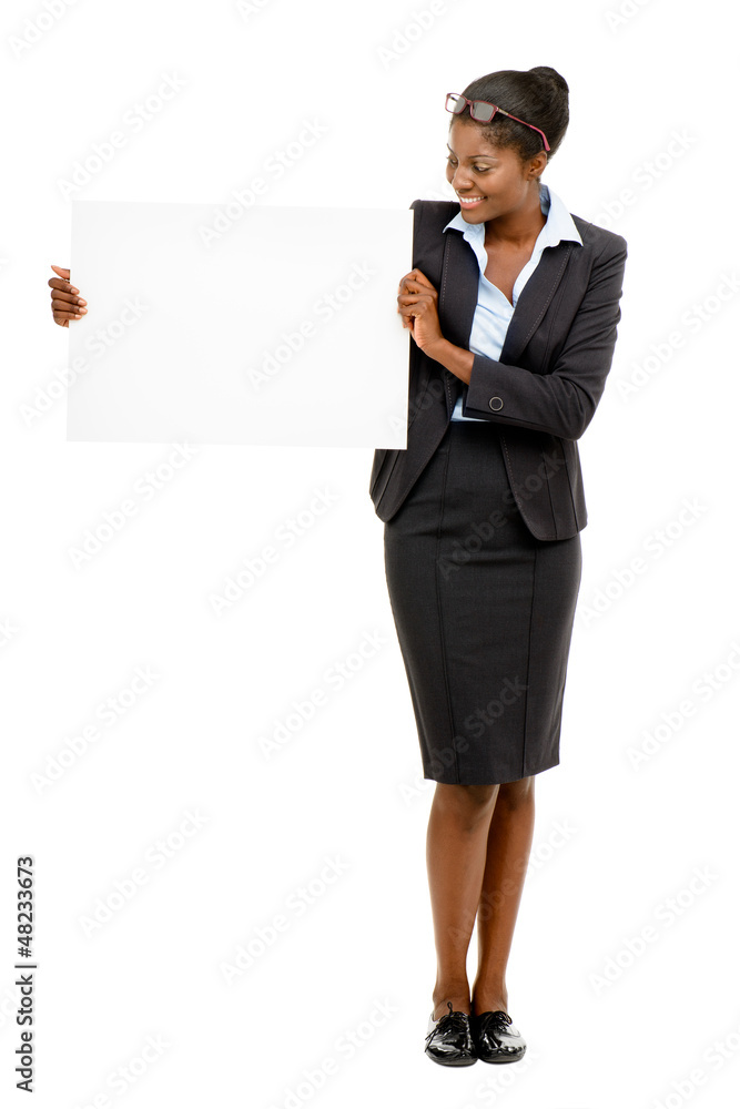 Happy African American business woman holding banner isolated on Happy African American business woman holding banner isolated on