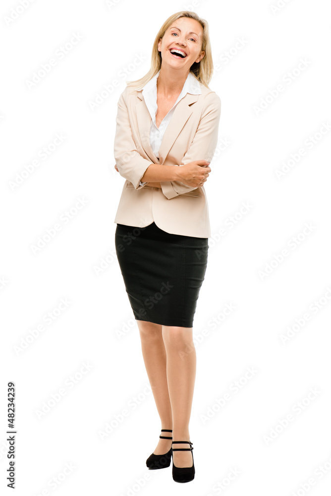 Mature business woman smiling full length portrait isolated on w Mature business woman smiling full length portrait isolated on w