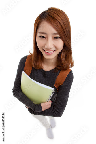 Beautiful student high angle shot isolated on white background.