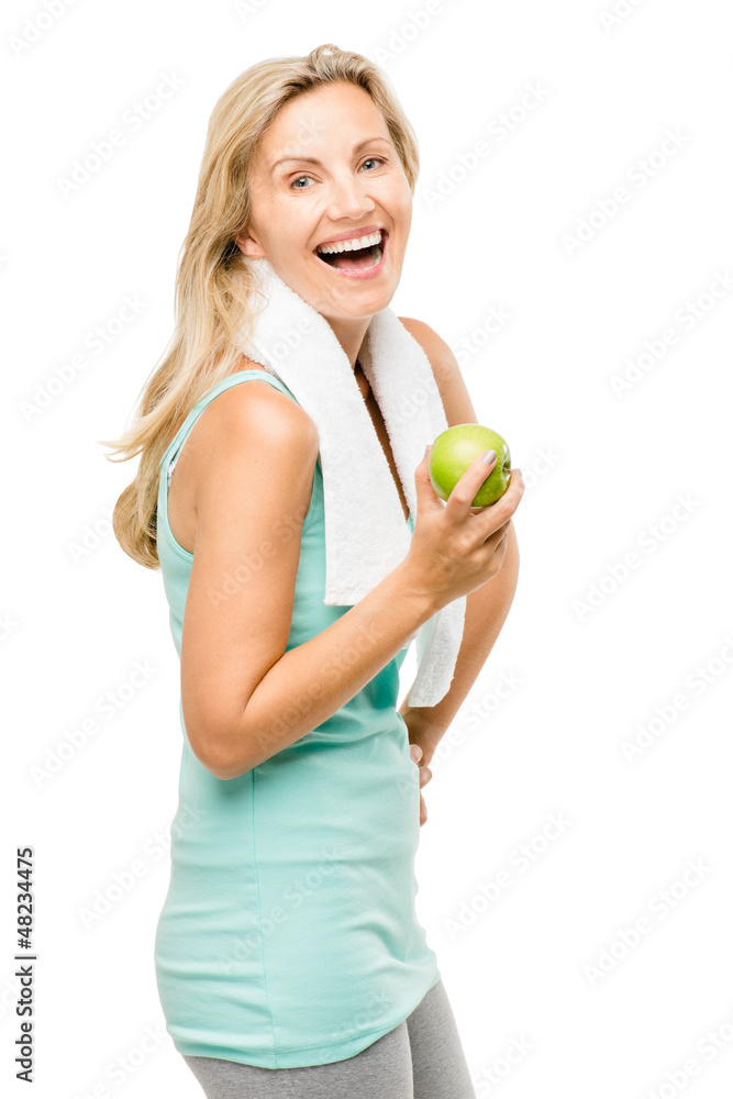 Healthy mature woman exercise green apple isolated on white back Healthy mature woman exercise green apple isolated on white back