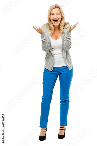 Happy mature woman is excited isolated on white background