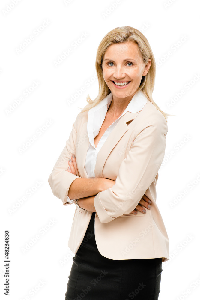 Happy woman arms folded isolated on white background Happy woman arms folded isolated on white background