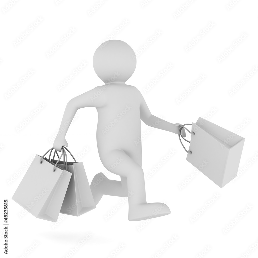 Man with shoping bag on white. Isolated 3D image Man with shoping bag on white. Isolated 3D image