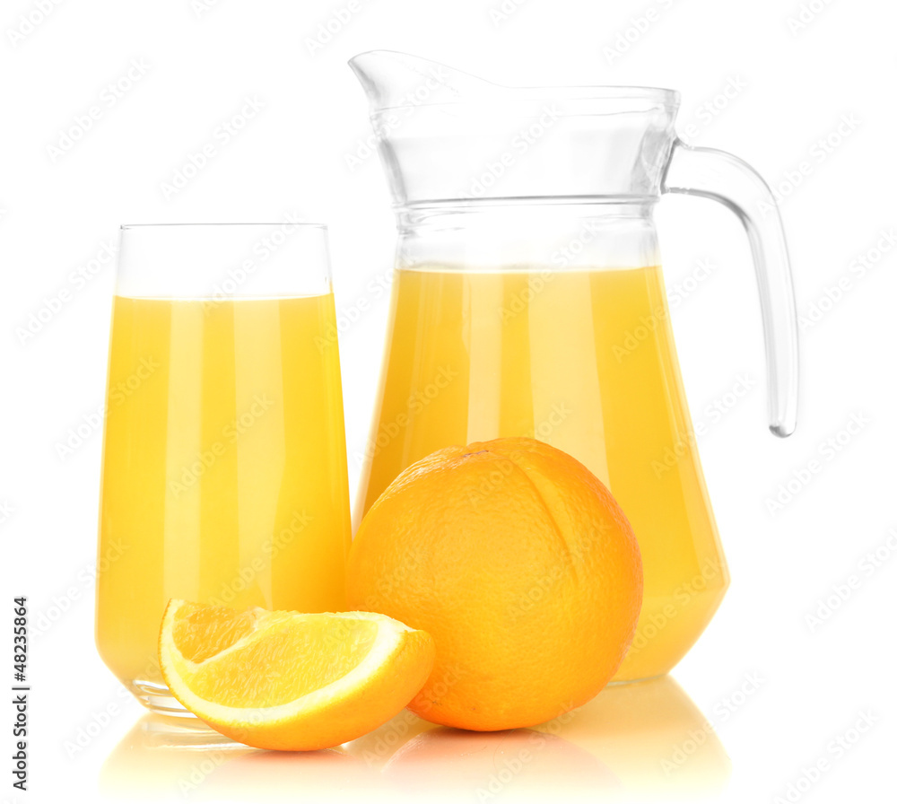 Full glass and jug of orange juice and oranges isolated on Full glass and jug of orange juice and oranges isolated on