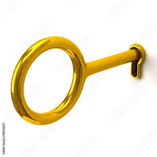 Gold key in keyhole isolated on white background