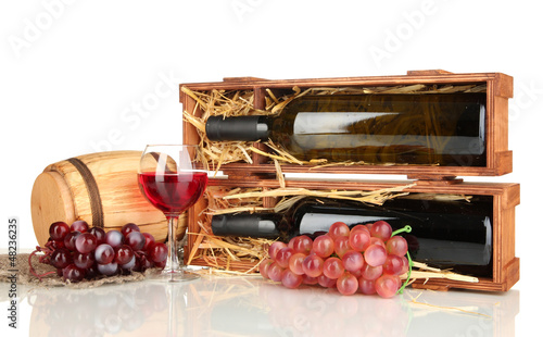 Wooden case with wine bottle  barrel  wineglass and grape