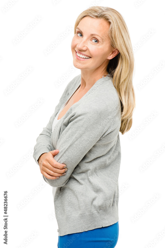 Mature woman with real body happy isolated on white background Mature woman with real body happy isolated on white background