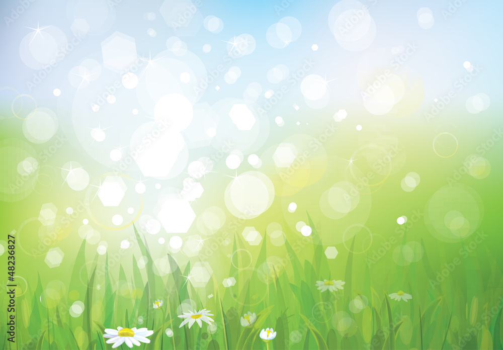 Obraz premium Vector of spring background, sky and grass.
