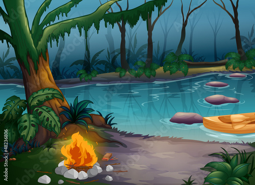 A river and a camp fire