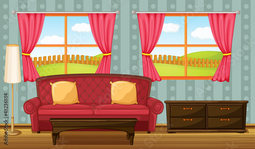 A red sofa and side table