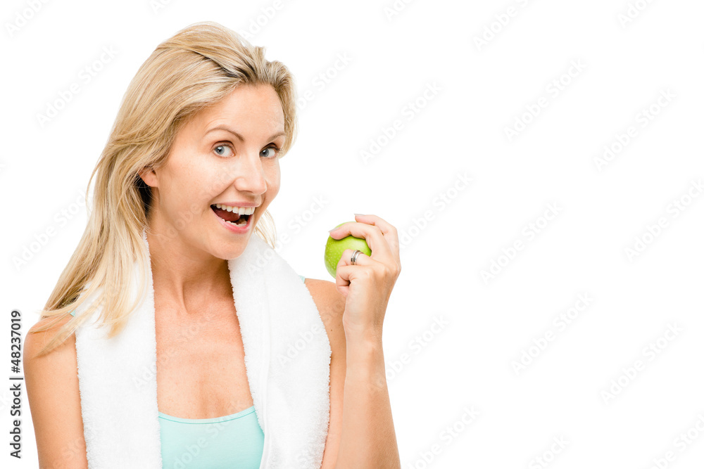 Healthy mature woman exercise green apple isolated on white back Healthy mature woman exercise green apple isolated on white back
