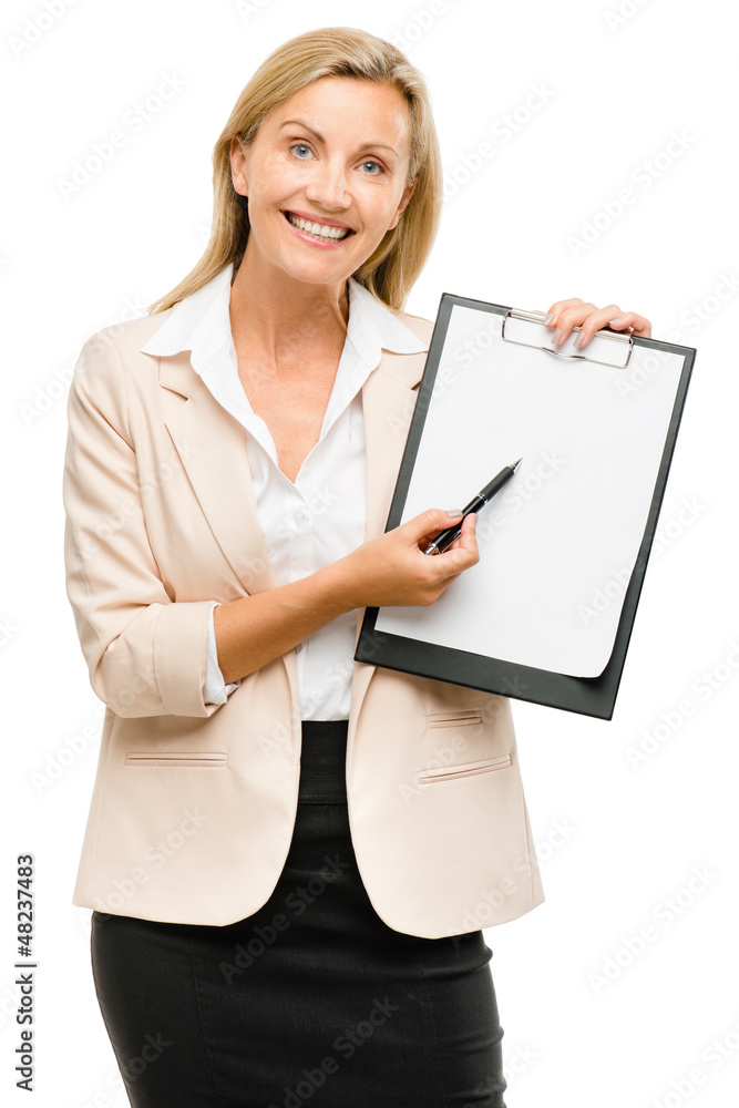 Happy mature businsswoman holding clipboard isolated on white ba Happy mature businsswoman holding clipboard isolated on white ba