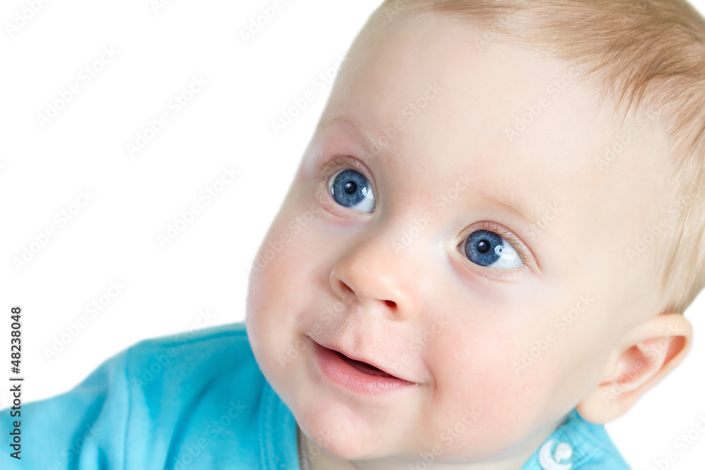 Portrait of 8-months old baby boy , on white background.