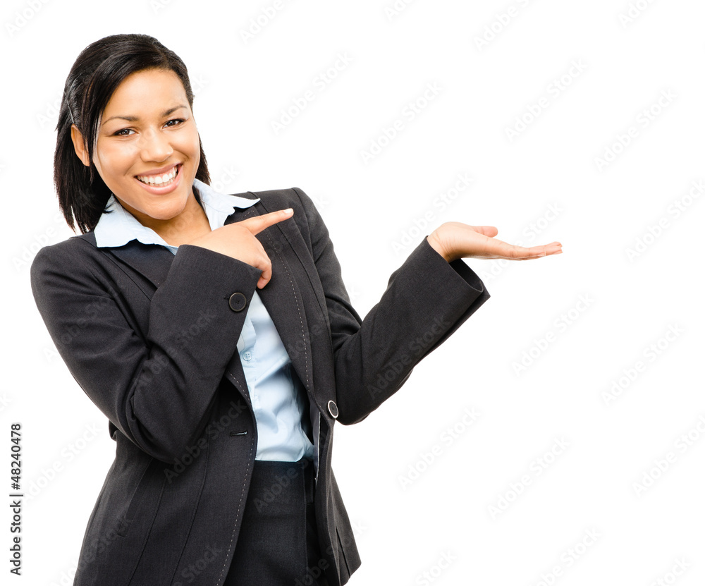 Happy mixed race business woman pointing at empty copy space iso Happy mixed race business woman pointing at empty copy space iso