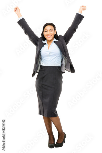 Happy mixed race business woman celebrating isolated on white ba