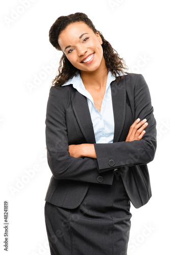 Young mixed race businesswoman with arms folded smiling isolated