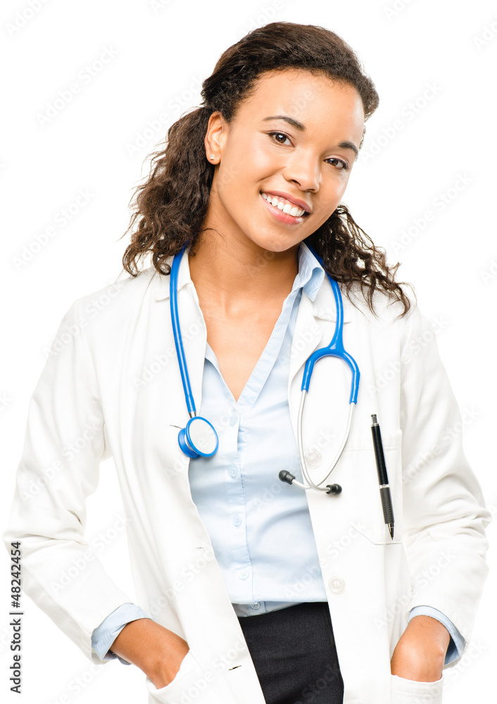 African American Doctor happy smiling isolated on white backgrou African American Doctor happy smiling isolated on white backgrou
