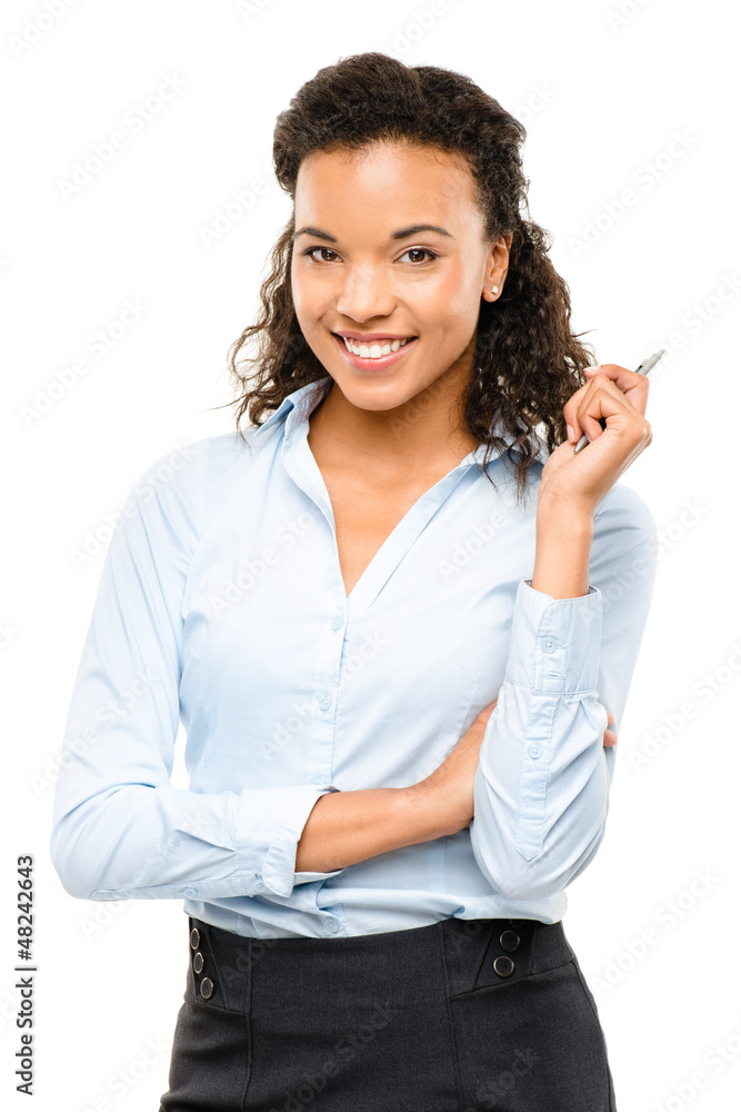Happy African American Businesswoman smiling isolated on white b Happy African American Businesswoman smiling isolated on white b