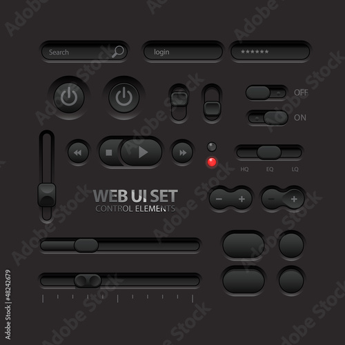 Dark Web UI Elements. Buttons, Switches, bars