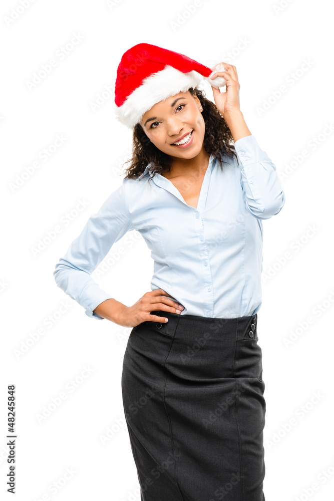 Happy mixed race businesswoman wearing Christmas hat isolated on Happy mixed race businesswoman wearing Christmas hat isolated on