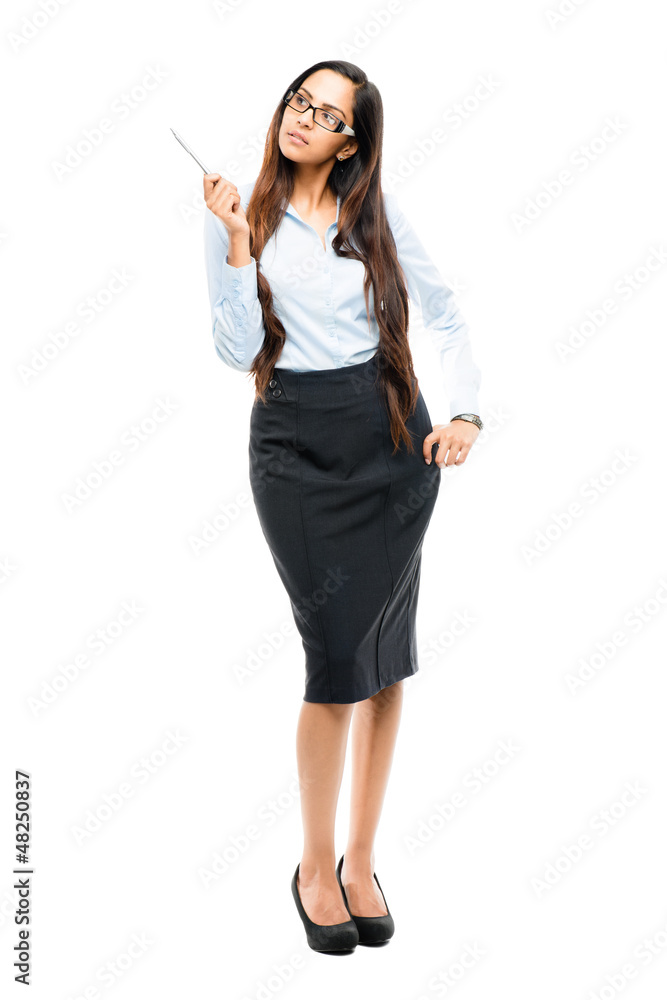 Full length portrait of attractive Indian businesswoman thinking Full length portrait of attractive Indian businesswoman thinking