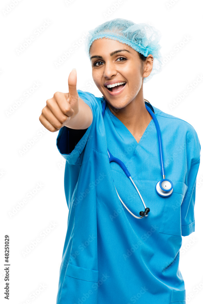 Closeup confident Indian doctor surgeon thumbs up isolated on wh Closeup confident Indian doctor surgeon thumbs up isolated on wh