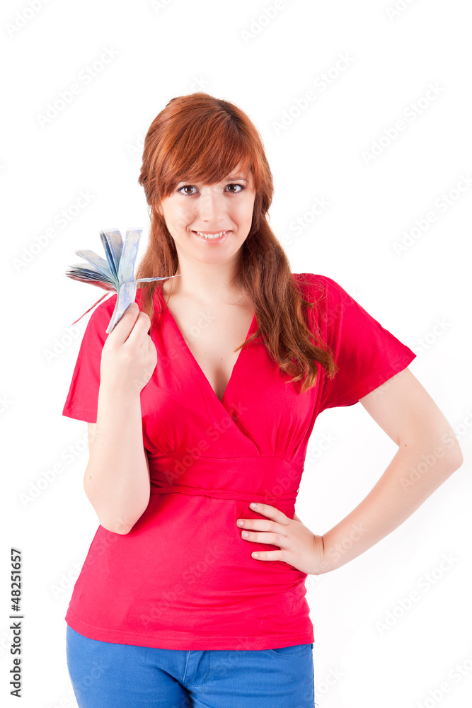 Happy woman showing Euros currency notes Happy woman showing Euros currency notes