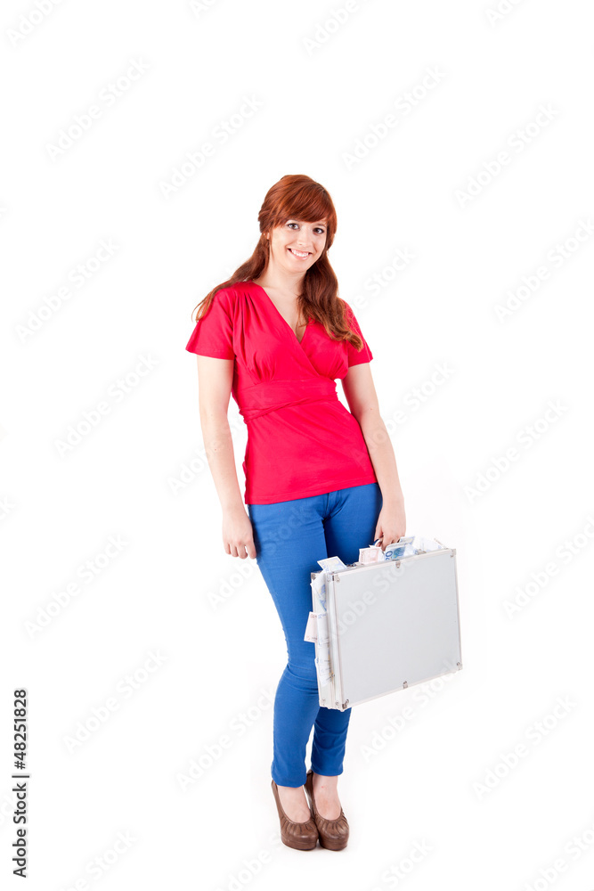 Woman holding metal grey case with money Woman holding metal grey case with money