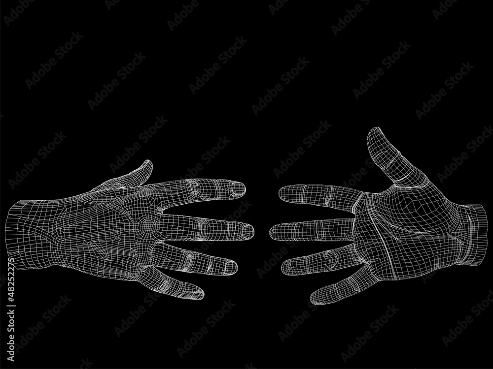 High resolution conceptual 3D cyber white wireframe human hand High resolution conceptual 3D cyber white wireframe human hand