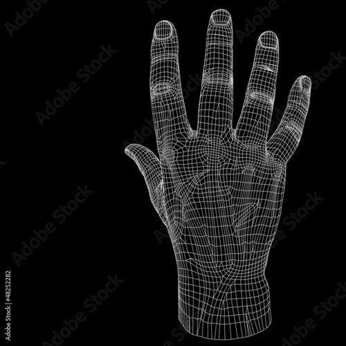 High resolution conceptual 3D cyber white wireframe human hand