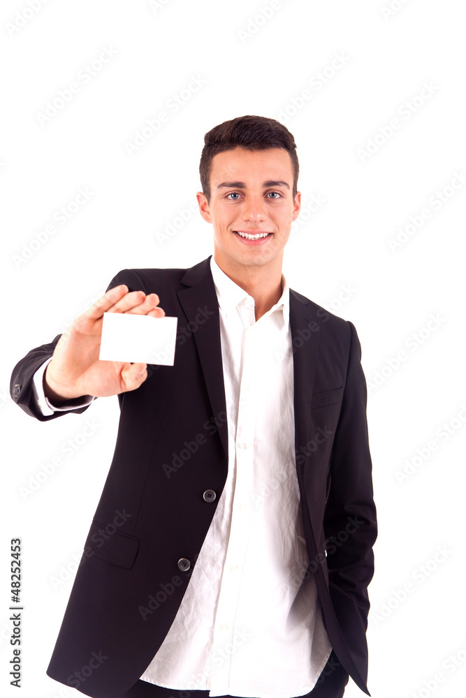 Young business man handing a blank business card over white back Young business man handing a blank business card over white back