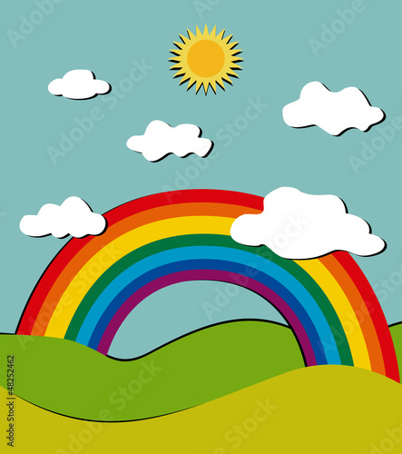 Stylized vector landscape with rainbow