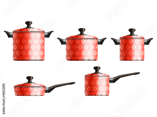 Set of five red painted cooking pots with flower pattern. Eps10