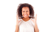 Frustrated and angry african woman over white background