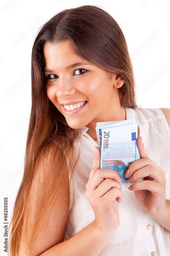 Portrait of a happy woman with a fan of Euros currency notes