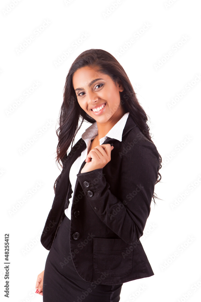 Portrait of modern business woman smiling over white background Portrait of modern business woman smiling over white background