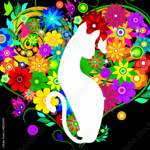 graceful cat on background flowers hearts
