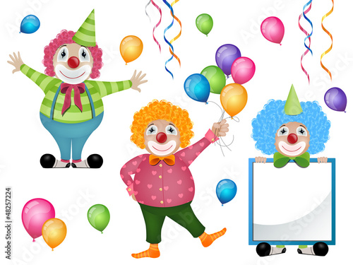 Vector Illustration of Colorful Clowns and Balloons